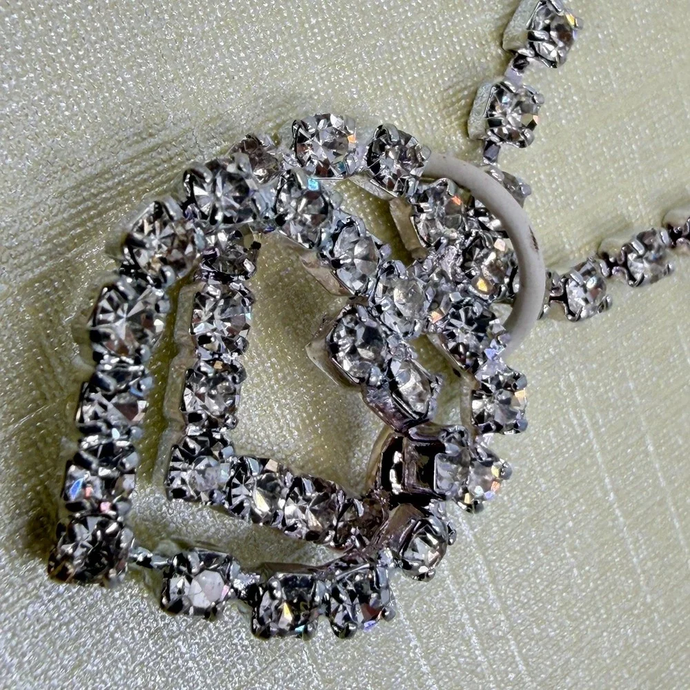 Stunning Double Heart Rhinestone Necklace Silver Tone Romantic Coquette Gift